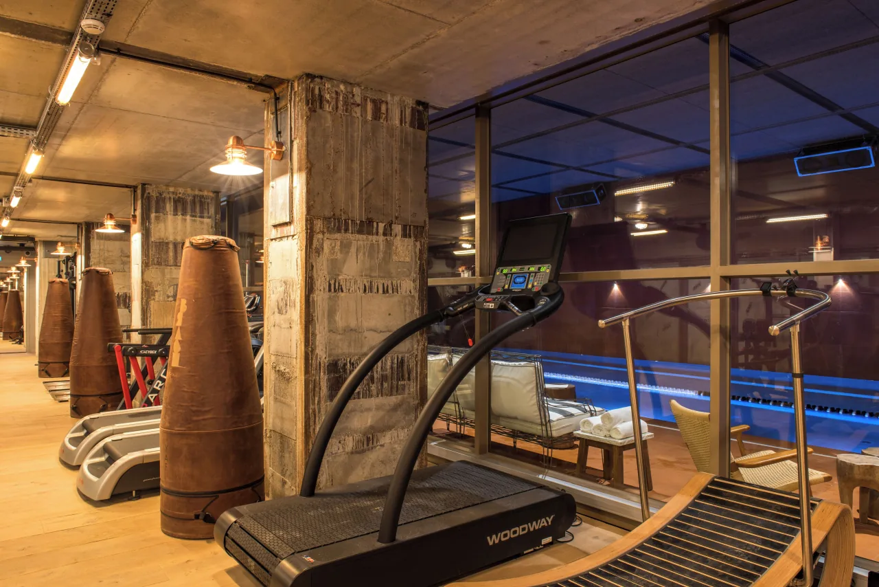 Treadmills and cone-shaped leather punching bags in a gym, the pool behind the glass