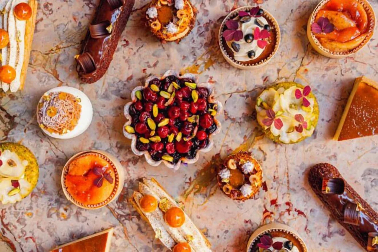 Fruit tarts and pastries seen from above