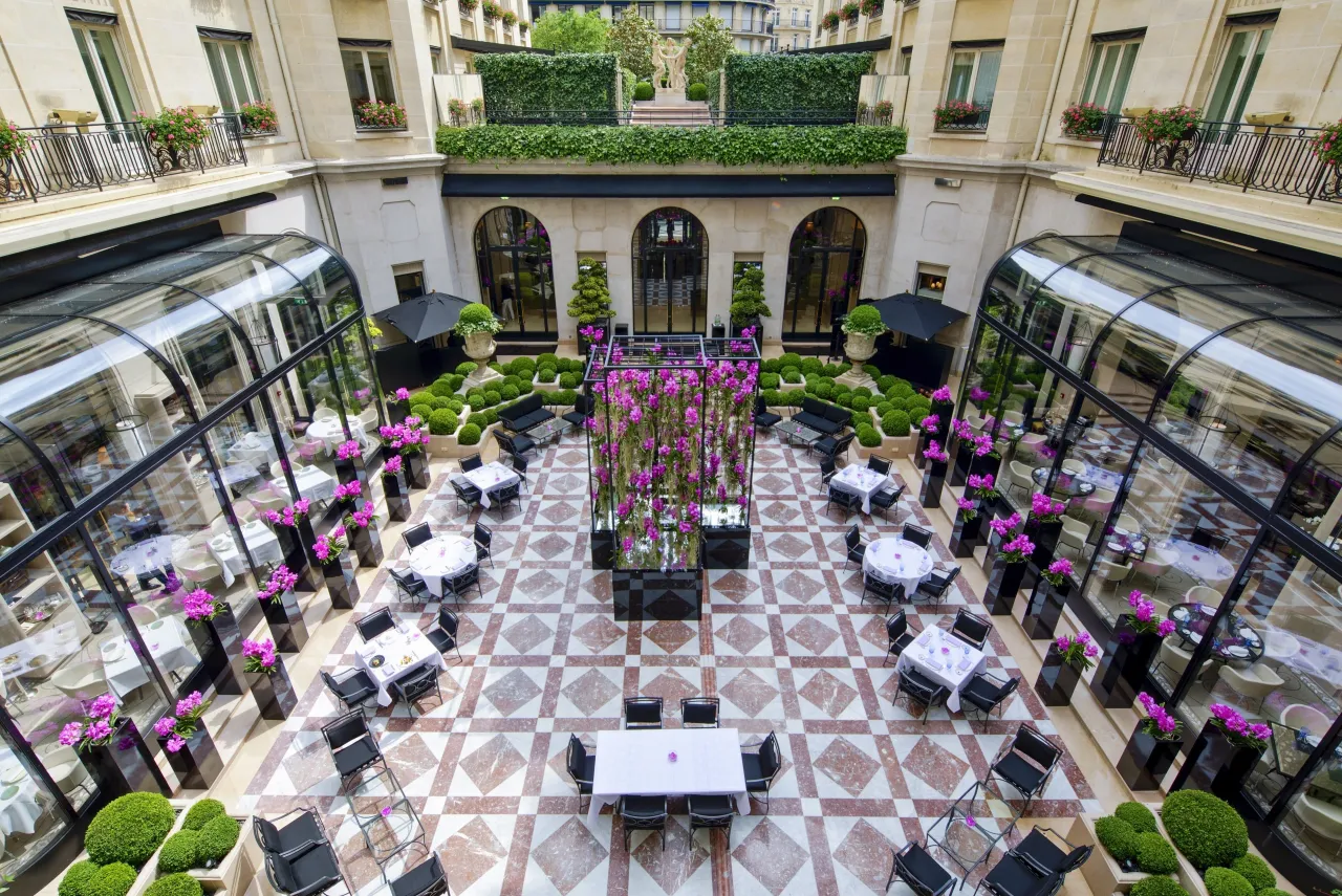 La cour en marbre vue d’en haut, ses tables, orchidées violettes et verrières de chaque côté