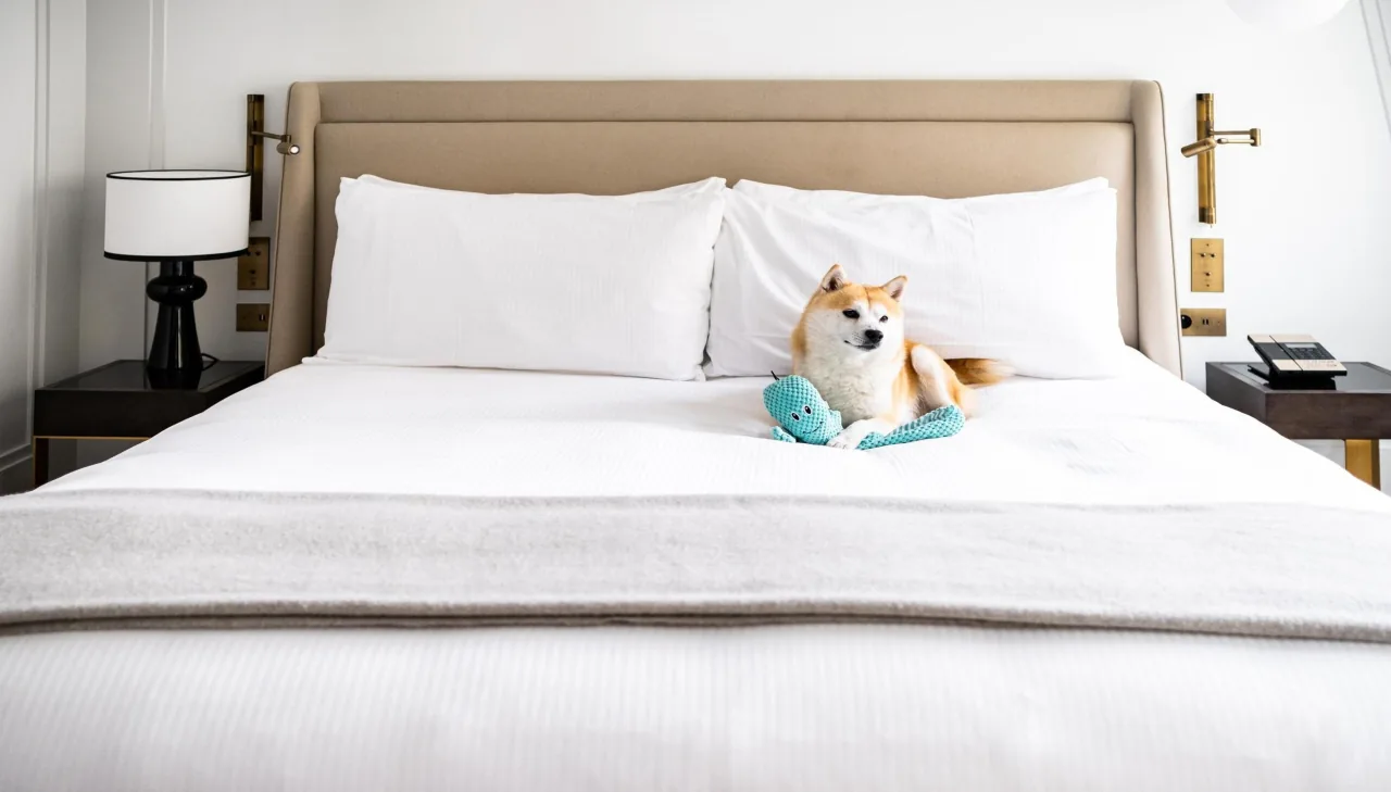 Un petit chien couché sur un lit blanc avec un jouet