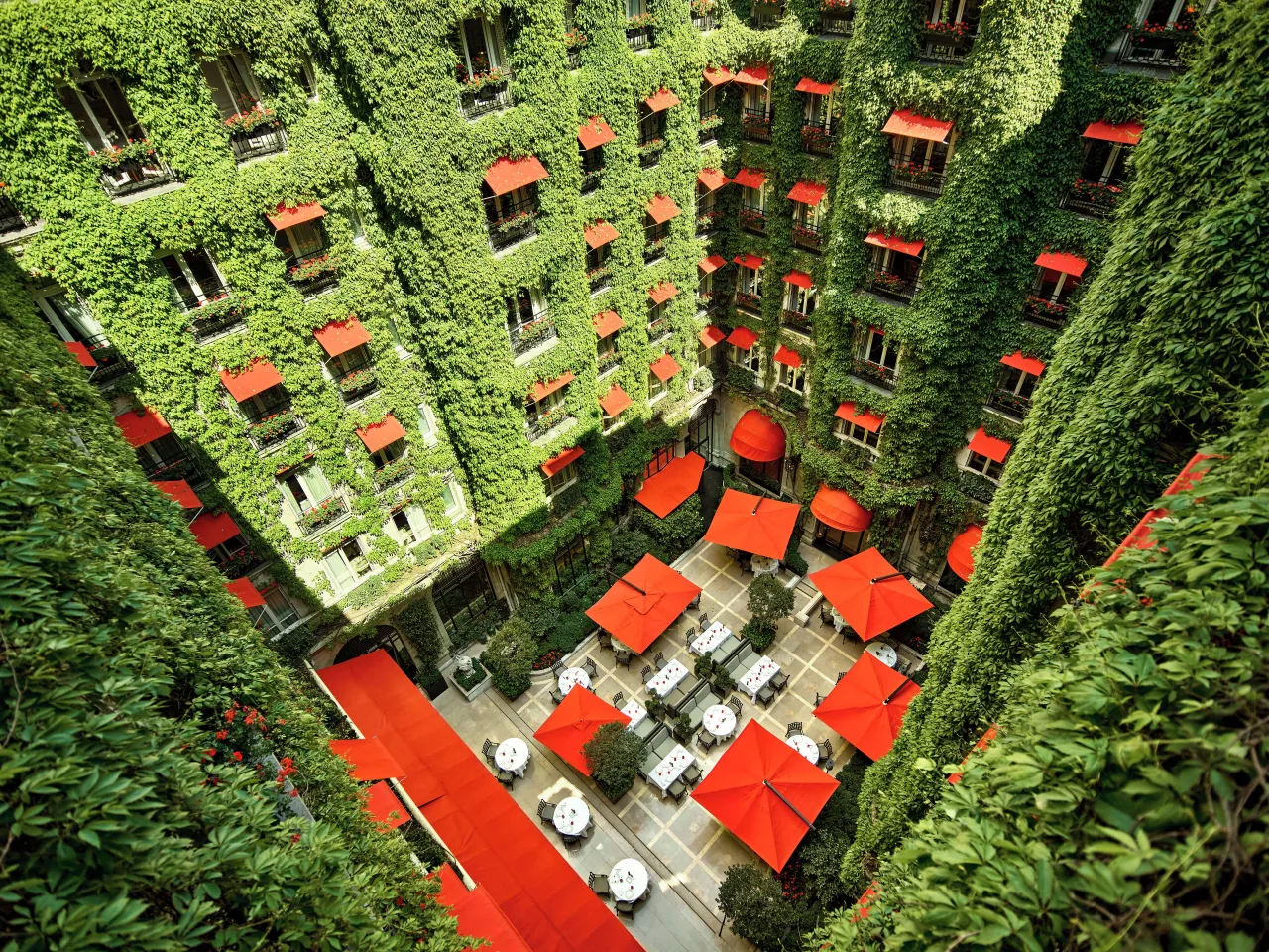 The inner courtyard seen from above: walls covered in ivy, a red awning at every window and red parasols over the tables far below
