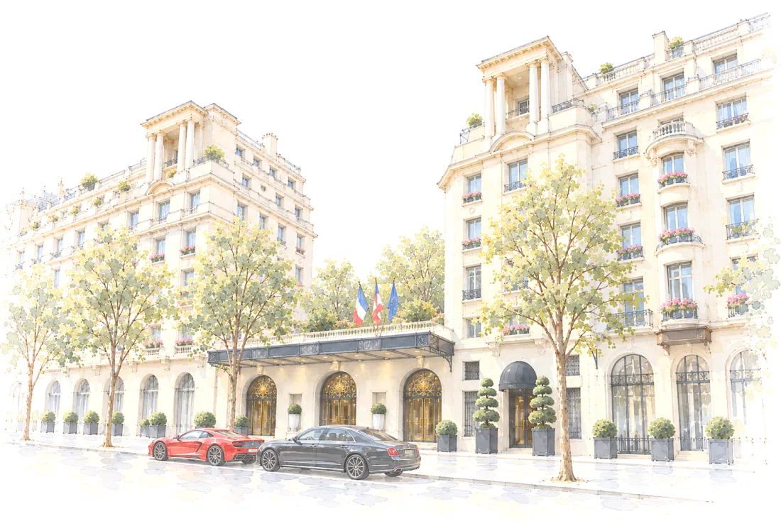Illustration artistique générée par IA. Dessin à l’encre et à l’aquarelle du Four Seasons Hotel George V vu en hauteur depuis le trottoir d’en face : deux ailes de pierre claire coiffées chacune d’un pavillon à colonnes et, entre elles, l’entrée basse sous une marquise à rambarde de fer forgé, avec des drapeaux et les arbres de la cour au-dessus ; à droite, une petite porte cintrée entre deux topiaires, puis la façade qui se poursuit avec ses balcons arrondis et ses grandes arcades vitrées ; buis taillés en boule, une berline sombre et une voiture de sport rouge garées le long du trottoir.