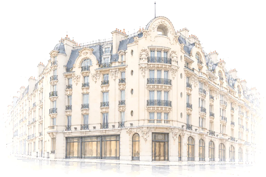 Illustration artistique générée par IA. Dessin à l’encre et à l’aquarelle du Mandarin Oriental Lutetia vu depuis le carrefour, à hauteur de rue : un immeuble Art nouveau de pierre presque blanche qui tourne en deux angles, le grand angle à pan coupé coiffé d’un fronton sculpté percé d’une baie en arc et d’un mât, avec trois longs balcons de fer forgé et de petits oculus, puis, après une courte façade à devanture vitrée sombre, un second angle sous un petit dôme d’ardoise ; un toit d’ardoise à lucarnes et cheminées, des arcades vitrées en plein cintre le long du boulevard et une entrée à cadre sombre.