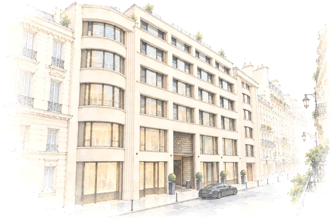 AI-generated artistic illustration. Ink and watercolour drawing of the Mandarin Oriental, Paris seen from above the opposite pavement at three-quarters: a pale 1930s stone building with a grid of large windows and a rounded corner, the deep entrance under a honeycomb lattice, shops on the ground floor and a dark saloon parked outside, between Parisian stone buildings with wrought-iron balconies.
