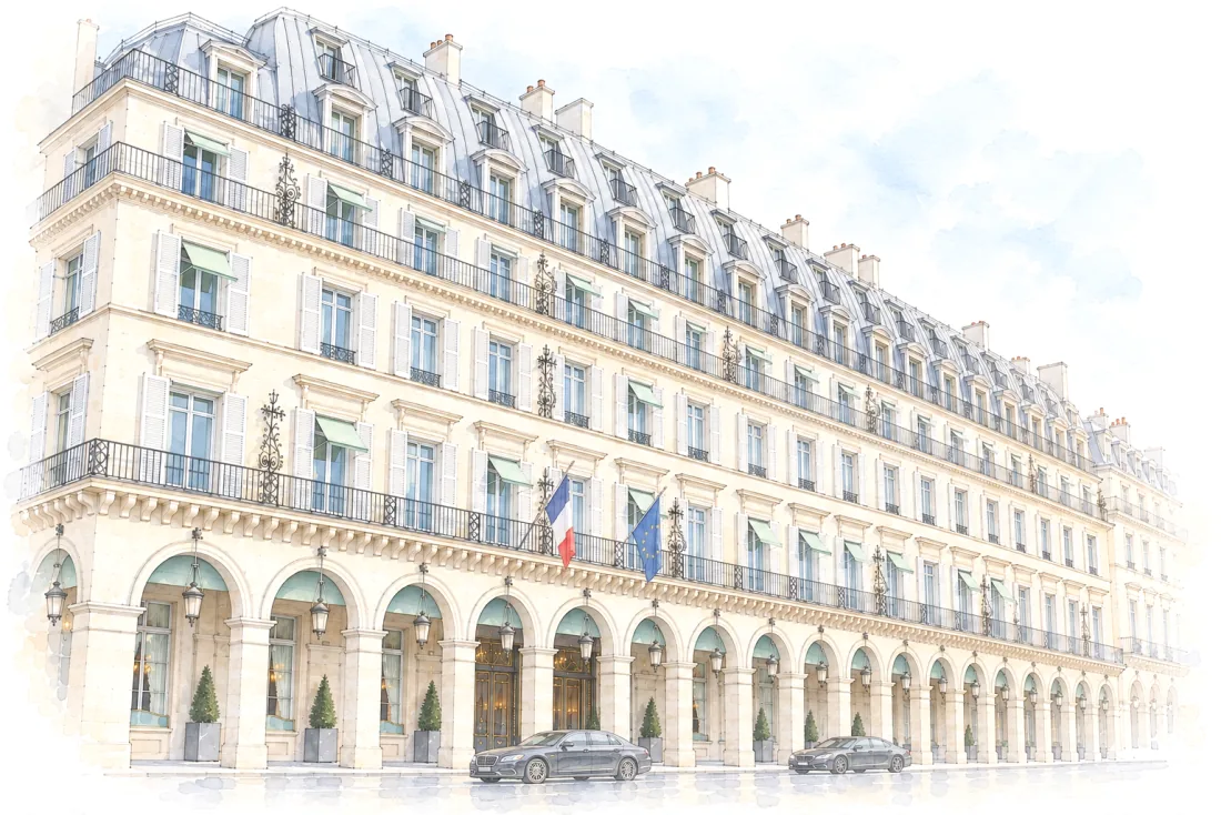 Illustration artistique générée par IA. Dessin à l’encre et à l’aquarelle de la longue façade de pierre claire de l’hôtel, rue de Rivoli, vue de trois quarts et légèrement en hauteur : au rez-de-chaussée, les arcades et leurs lanternes suspendues, des lambrequins vert pâle et des ifs en bac ; au-dessus, deux balcons filants de fer forgé, des persiennes claires et de petits stores verts, deux drapeaux, français et européen, au-dessus de l’entrée ; un toit mansardé de zinc à deux rangs de lucarnes. Deux voitures imaginaires sont garées devant.