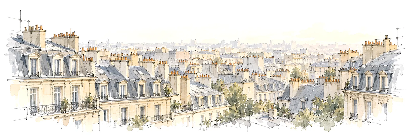 AI-generated artistic illustration. Ink and watercolour drawing of Paris rooftops: mansard roofs, chimney pots and wrought-iron balconies above the trees, fading into the morning haze