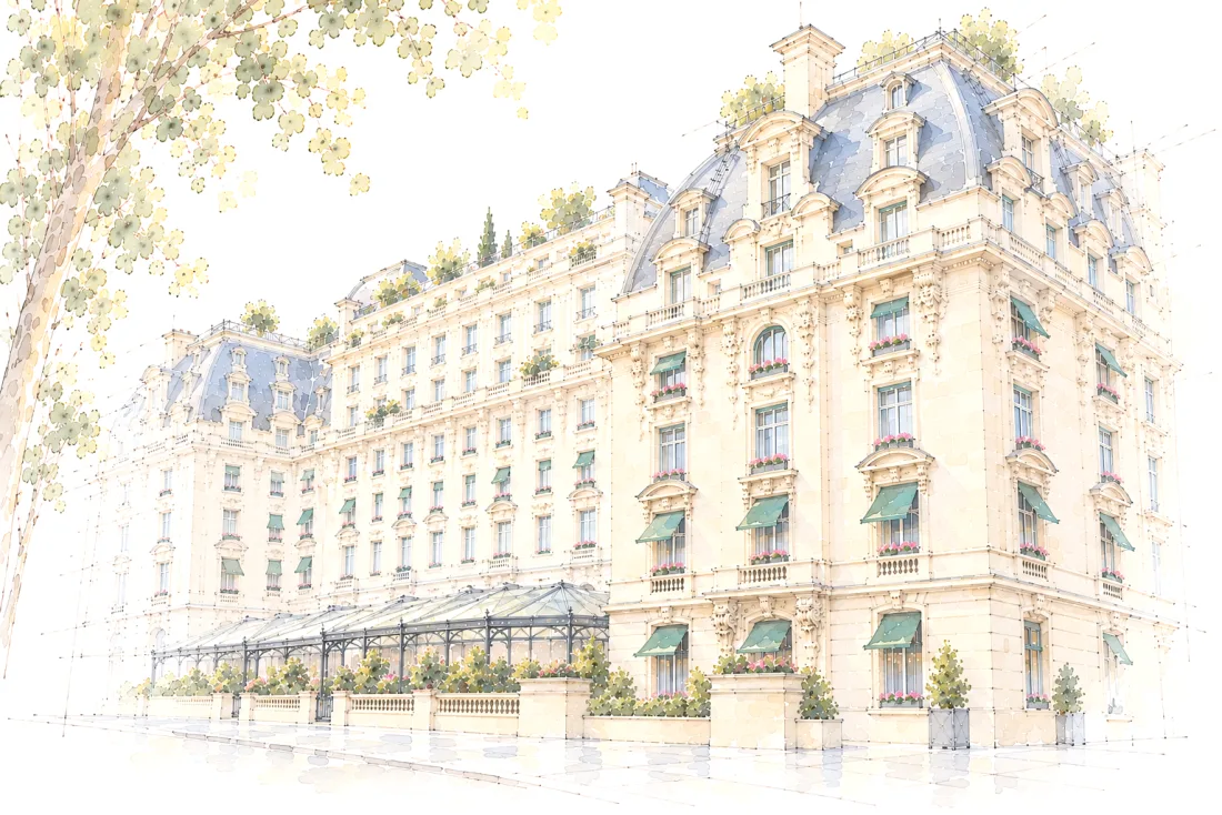 Illustration artistique générée par IA. Dessin à l’encre et à l’aquarelle du Peninsula Paris vu depuis le trottoir, de trois quarts : pavillon d’angle en pierre claire sous un haut toit d’ardoise à lucarnes, balcons de pierre, stores verts et jardinières fleuries, la façade qui fuit vers la gauche avec la verrière de la terrasse au-dessus d’un large trottoir dégagé, un platane du trottoir d’en face au premier plan à gauche.