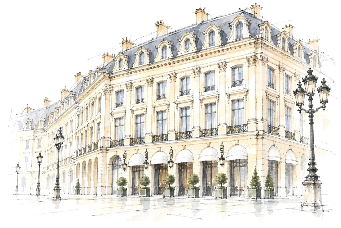 AI-generated artistic illustration. Ink and watercolour drawing of the Ritz Paris façade on Place Vendôme, with its arcades, awnings and street lamps
