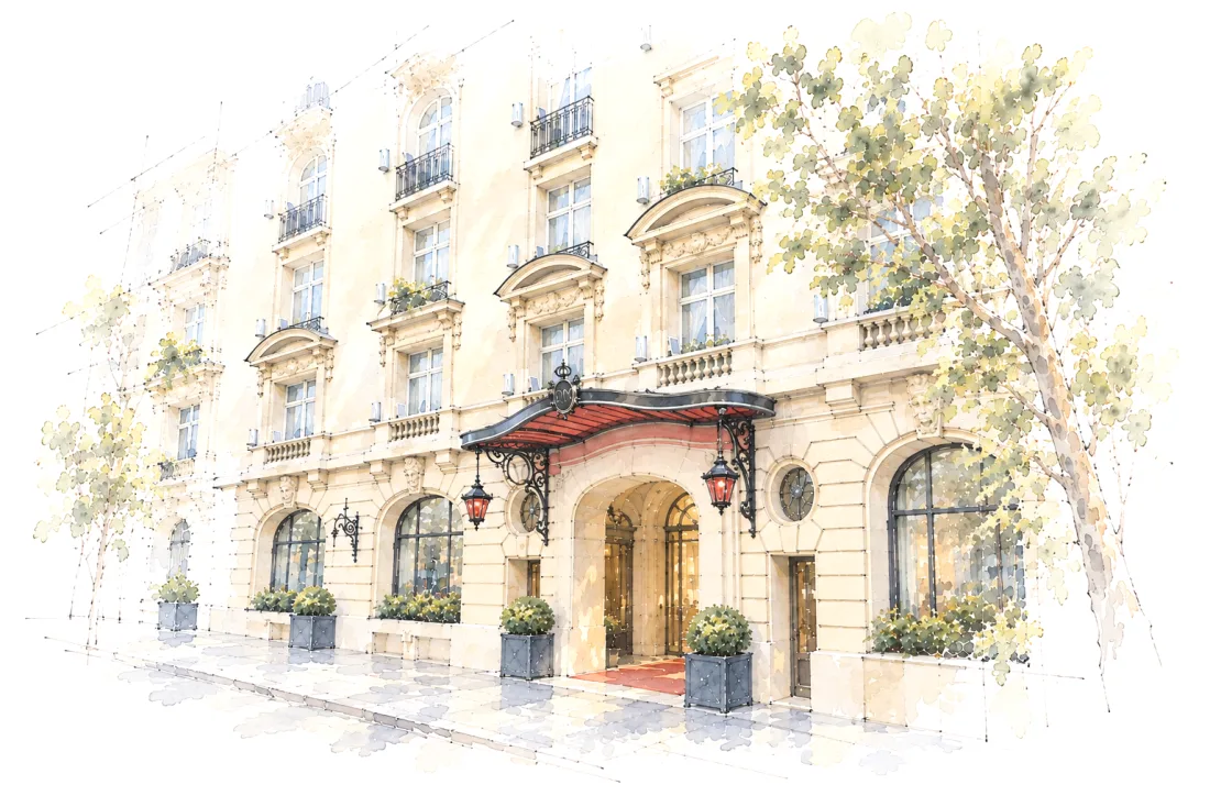 Illustration artistique générée par IA. Dessin à l’encre et à l’aquarelle de l’entrée du Royal Monceau, avenue Hoche, vue de trois quarts en hauteur : façade de pierre claire à balcons de fer forgé et frontons cintrés, marquise noire et rouge surmontée d’un blason au-dessus de l’entrée en arc, lanternes rouges, œil-de-bœuf, buis taillés en bacs et platane à droite.