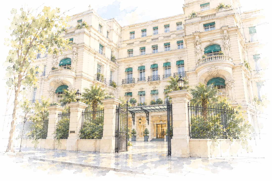 AI-generated artistic illustration. Ink and watercolour drawing of Shangri-La Paris from avenue d’Iéna: an open wrought-iron gate between two stone piers, palm trees behind the railings, the courtyard and entrance marquee, and the pale stone façade with green awnings framed by two pavilions with rounded balconies, with an avenue tree on the left.